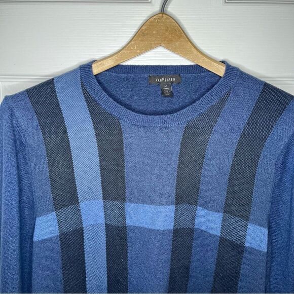 Van Heusen Mens Lightweight Long Sleeve Blue Cotton Crewneck Sweater Plaid M - Picture 3 of 8